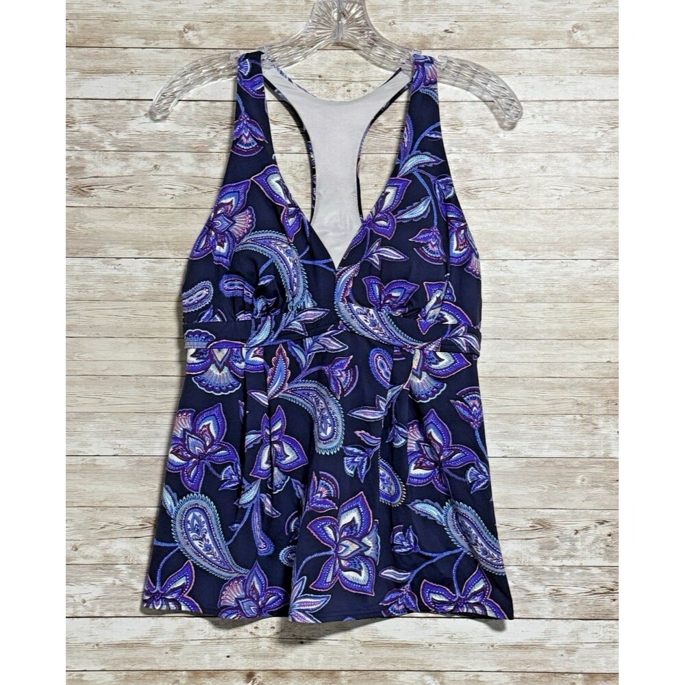 Lands End Racer Back Tankini Top Blue Purple Paisley Floral Print Sz 12 Padded